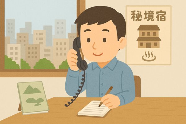 メモを取りながら宿へ電話する人