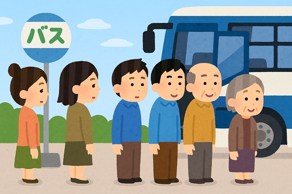 バスの出発前から並ぶ人たち