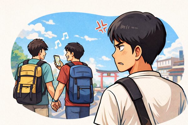 友達との旅行でイライラしている男性