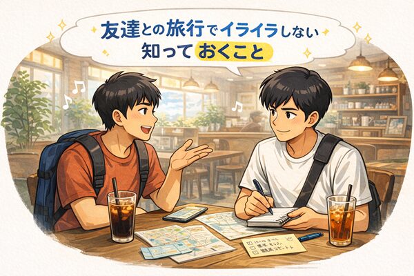 友達との旅でイライラしないための方法を教えてもらっている男性