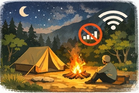 焚火をしてキャンプをするデジタルデトックスの一人旅の様子