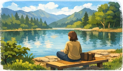 ひとりで秘境の湖を見る様子