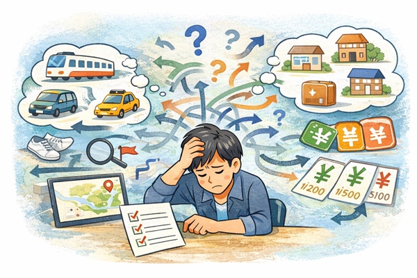 旅行に対して判断することが多くて疲れている男性